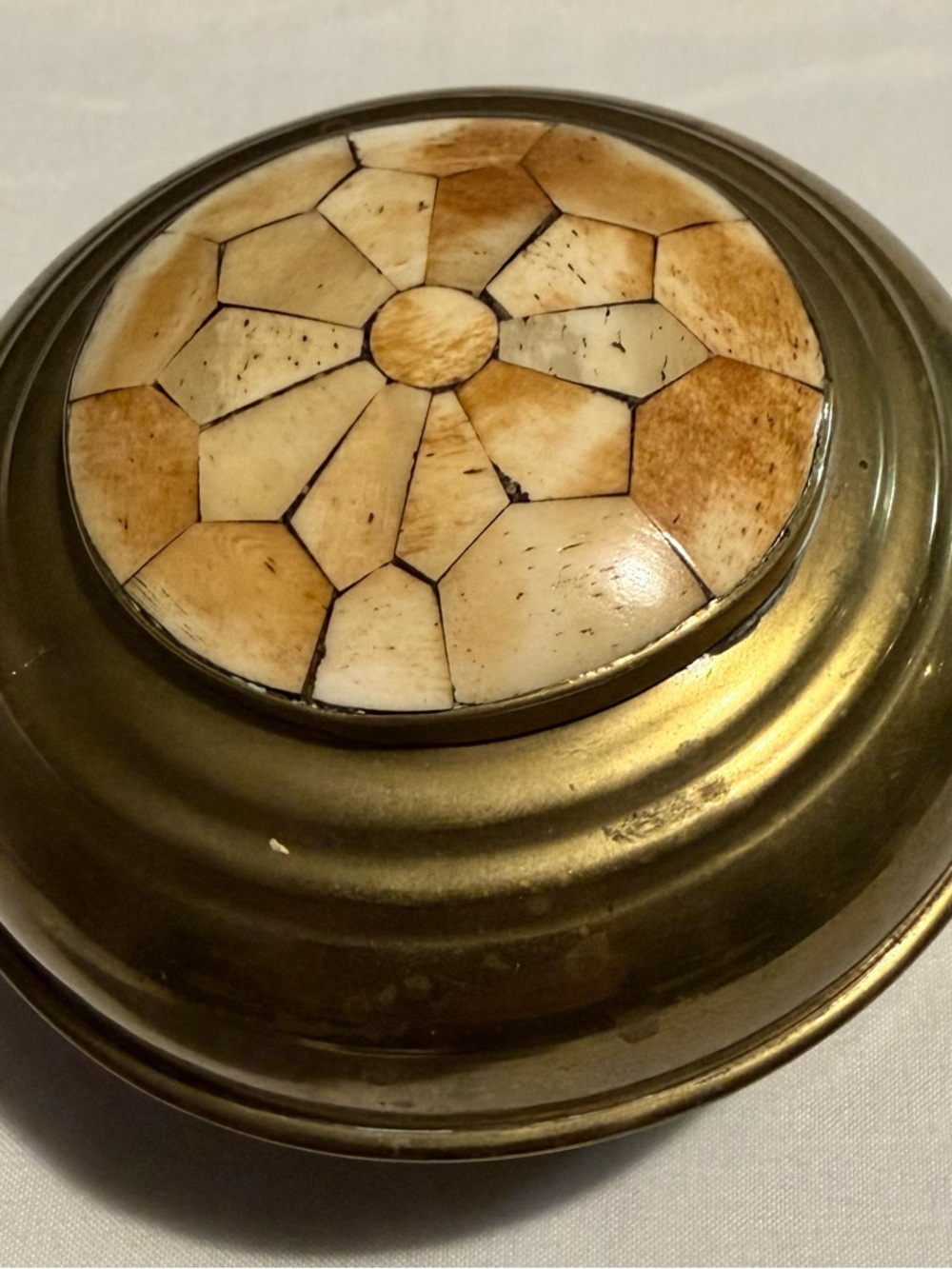 Brass Trinket Box with Inlaid Bone Mosaic Accent